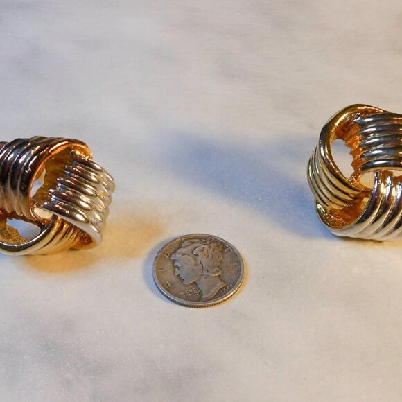Vintage Two Tone Knot Clip On Earrings Gold Silver Bold Statement Retro 1.25" - Picture 4 of 5
